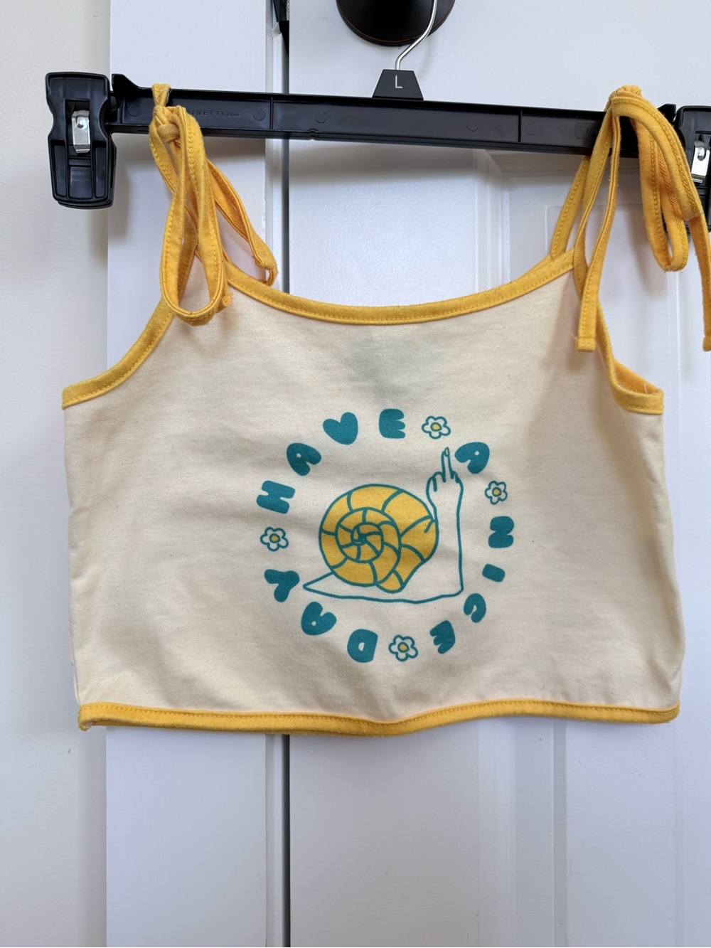 Valfre Yellow Tie-Strap Tank Top with Snail Graphic